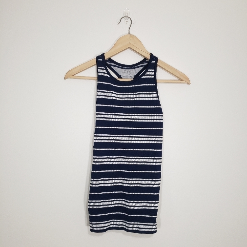 Athleta Navy Stripe Renew Racerback Tank Seamless Ribbed White